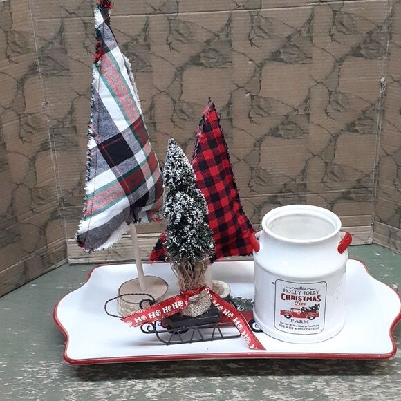 Christmas Other - 5 pc Holly Jolly Christmas candle, tray, 2 plaid trees & tree on sled.